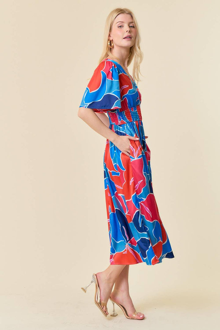 Multi Print V-Neck Smocked Waist Dress - Shop Emma's 