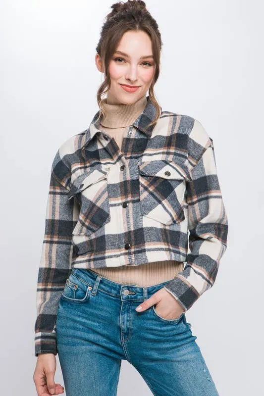 Plaid Cropped Button Down Jacket - Shop Emma's 