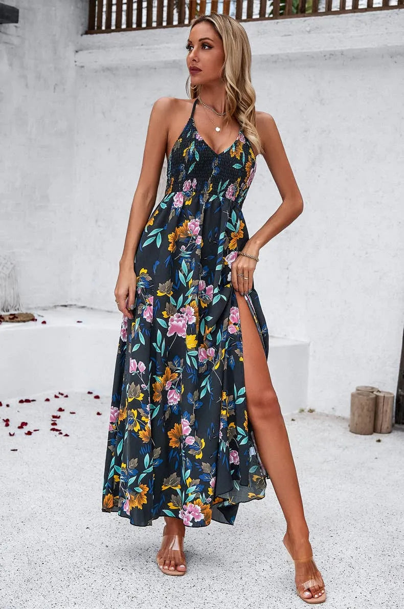 Printed Smocked Halter Maxi Dress - Shop Emma's 