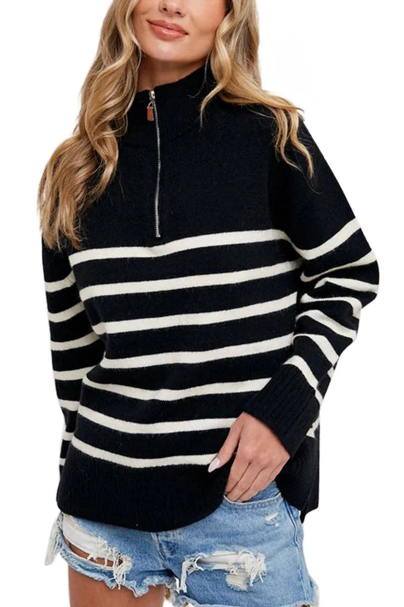 Quarter Zip Up Stripe Pullover - Shop Emma's 