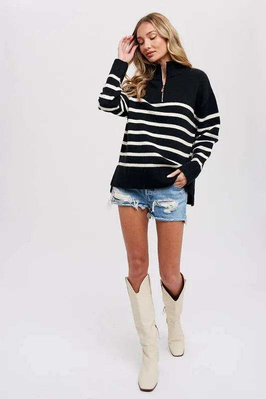 Quarter Zip Up Stripe Pullover - Shop Emma's 