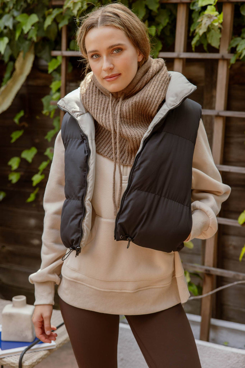 Reversible Cropped Puffer Vest pic 1 - Emma's Boutique Light Mocha