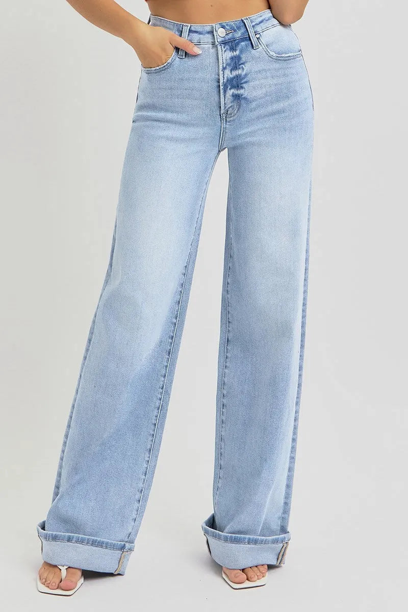 Risen Tummy Control High Rise Wide Cuffed Jeans - Shop Emma's 