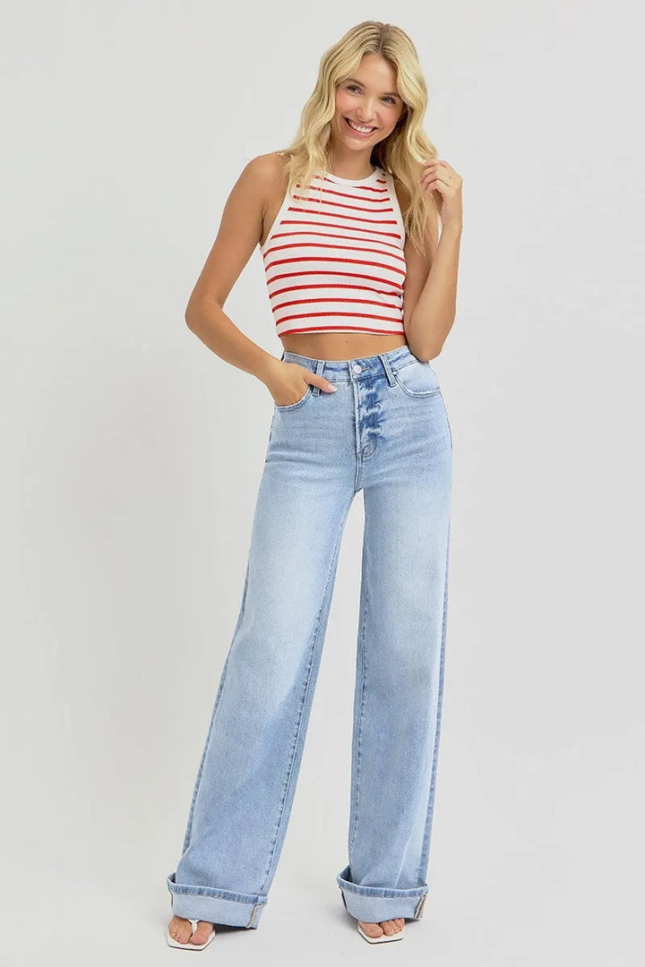 Risen Tummy Control High Rise Wide Cuffed Jeans - Shop Emma's 