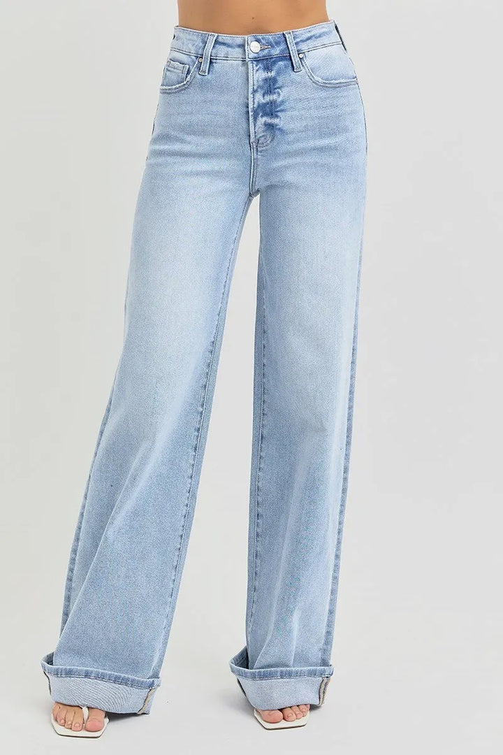 Risen Tummy Control High Rise Wide Cuffed Jeans - Shop Emma's 