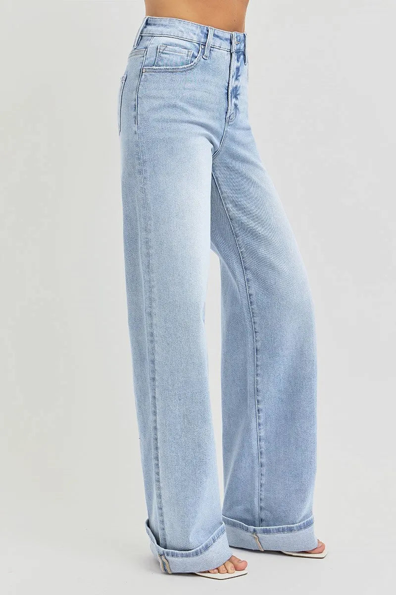 Risen Tummy Control High Rise Wide Cuffed Jeans - Shop Emma's 