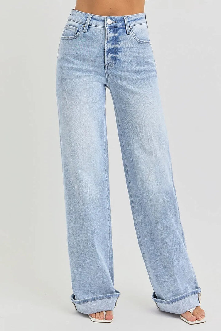 Risen Tummy Control High Rise Wide Cuffed Jeans - Shop Emma's 