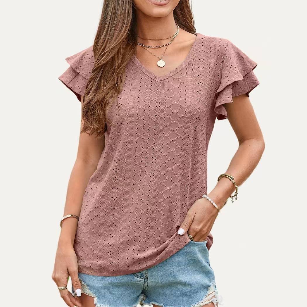 Ruffle Pointelle Short Sleeve Top - Shop Emma's 