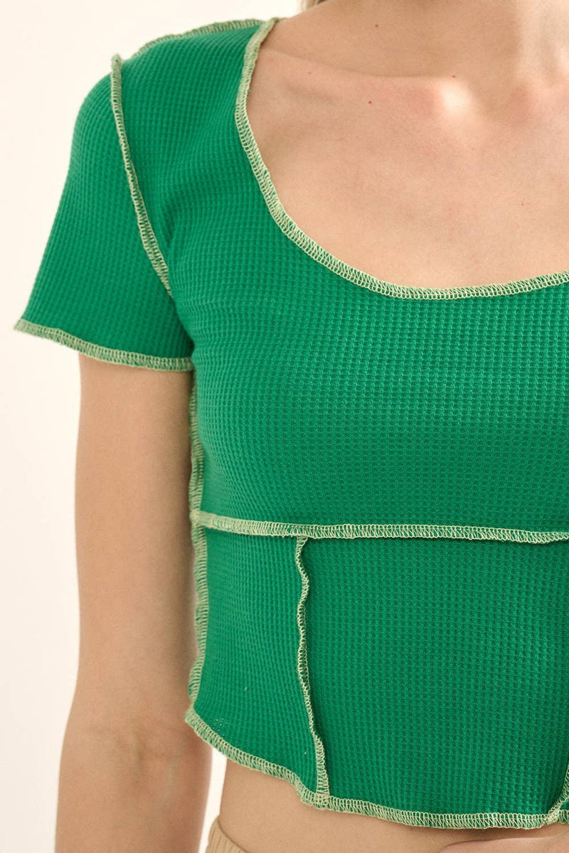 Solid Waffle Knit Exposed Seam Top - Shop Emma's 