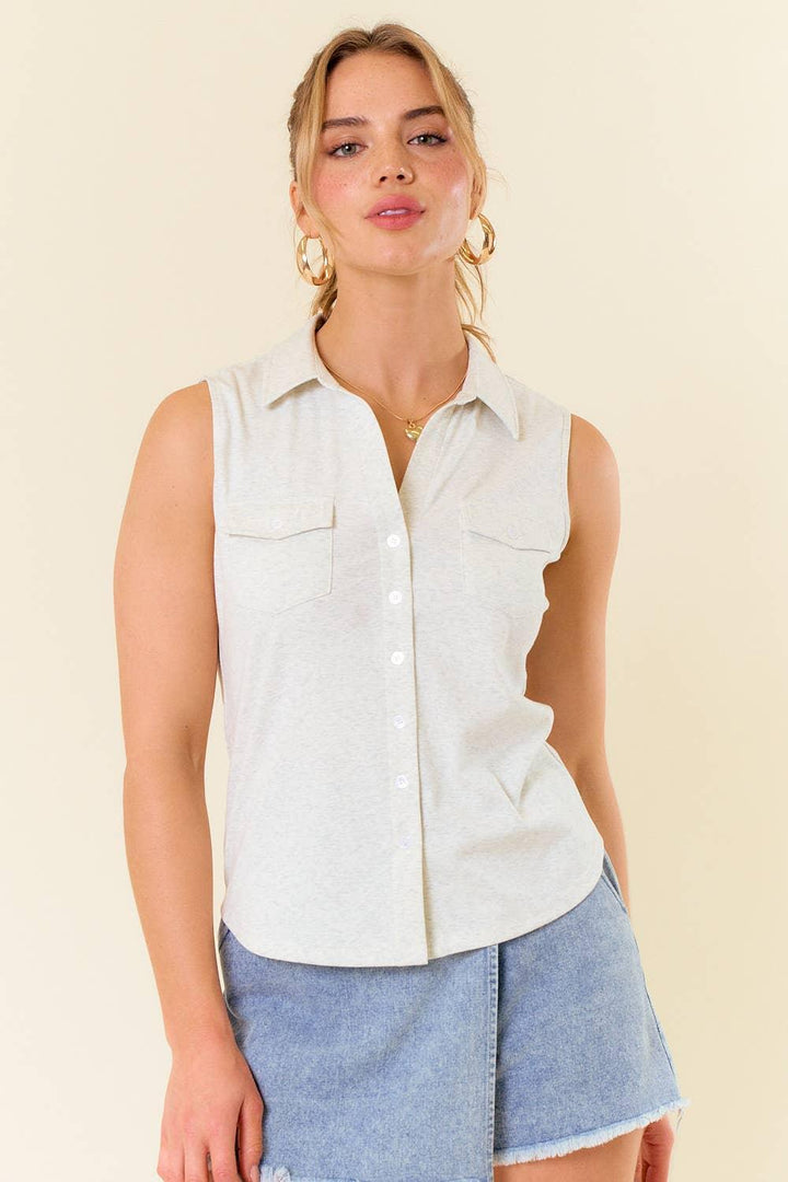 Split V-Neck Sleeveless Shirt W/ Front Pocket - Shop Emma's 