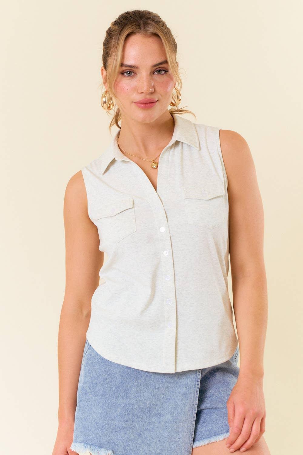 Split V-Neck Sleeveless Shirt W/ Front Pocket - Shop Emma's 