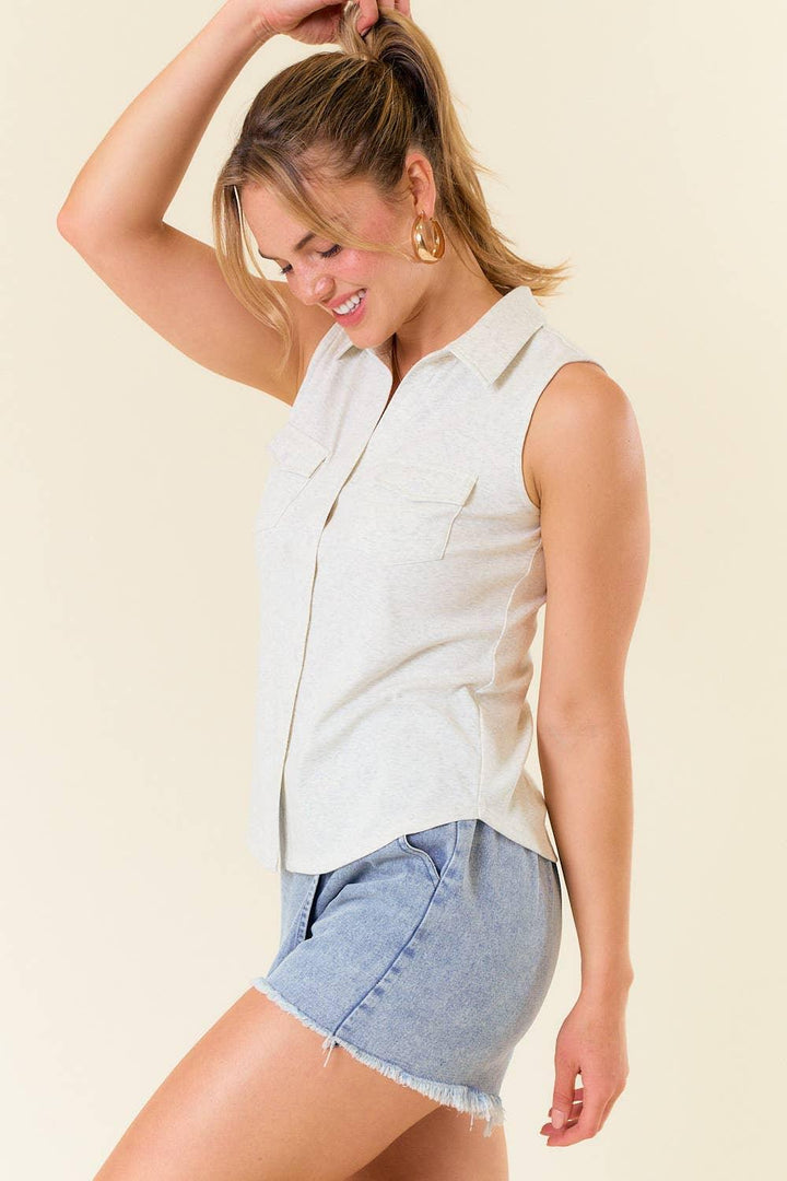 Split V-Neck Sleeveless Shirt W/ Front Pocket - Shop Emma's 