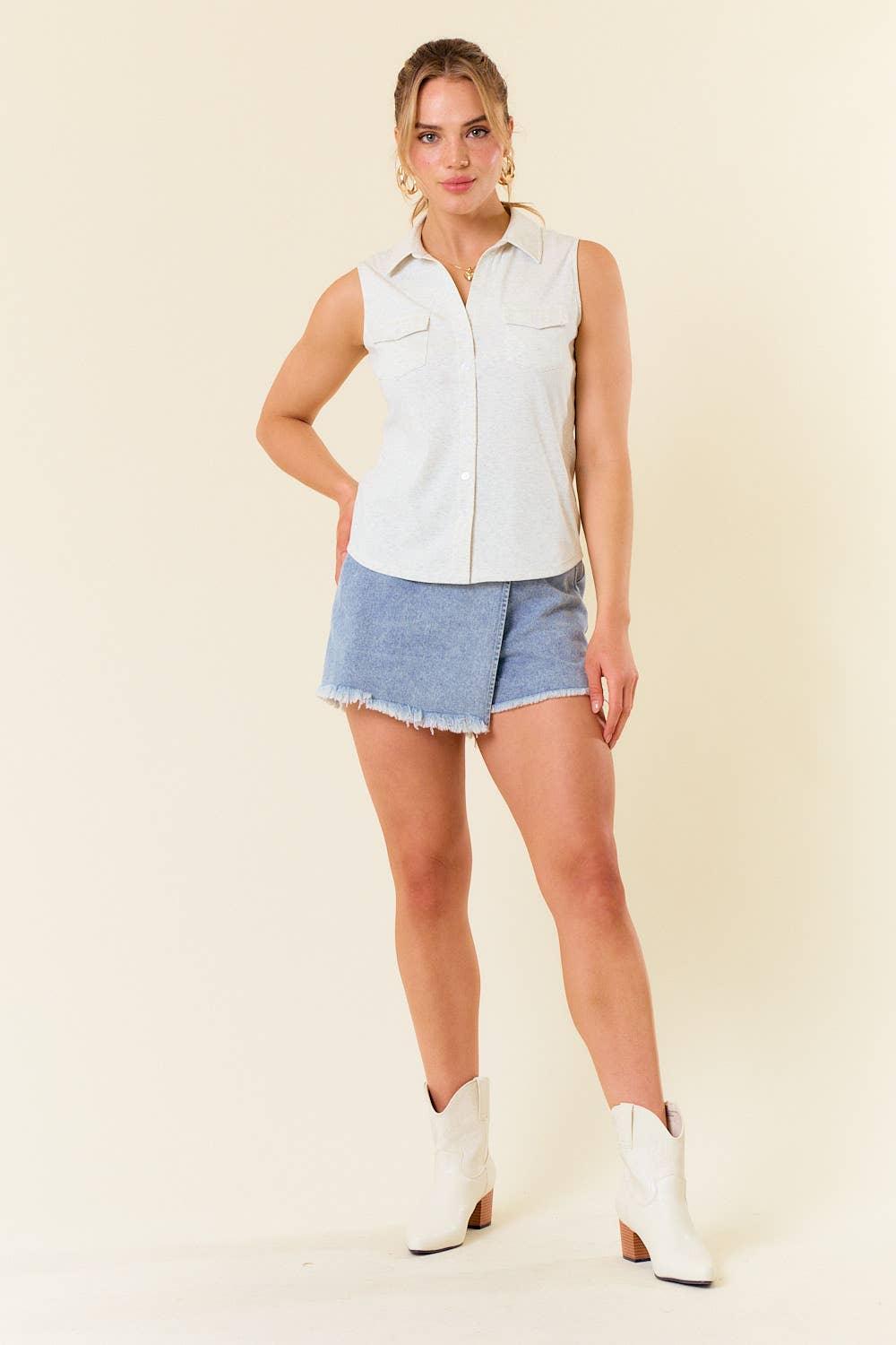 Split V-Neck Sleeveless Shirt W/ Front Pocket - Shop Emma's 