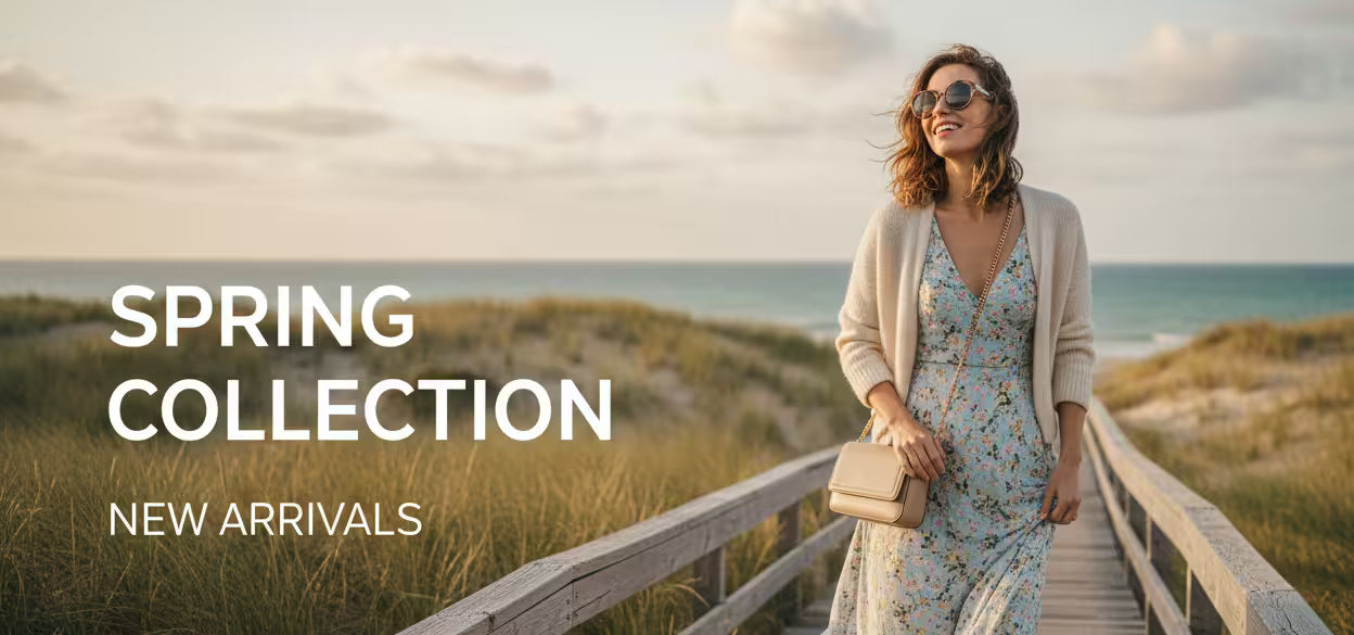 Woman in a floral dress standing on a wooden boardwalk with text overlay for spring collection.