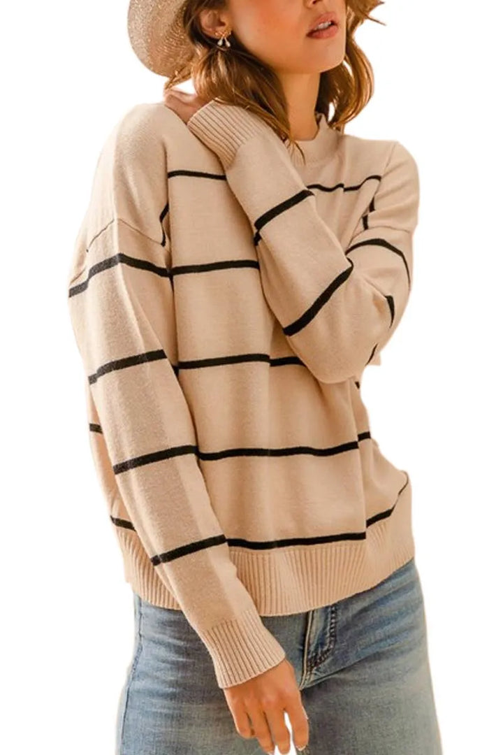 Stripe Crew Neck Basic Essential Sweater Top - Shop Emma's 