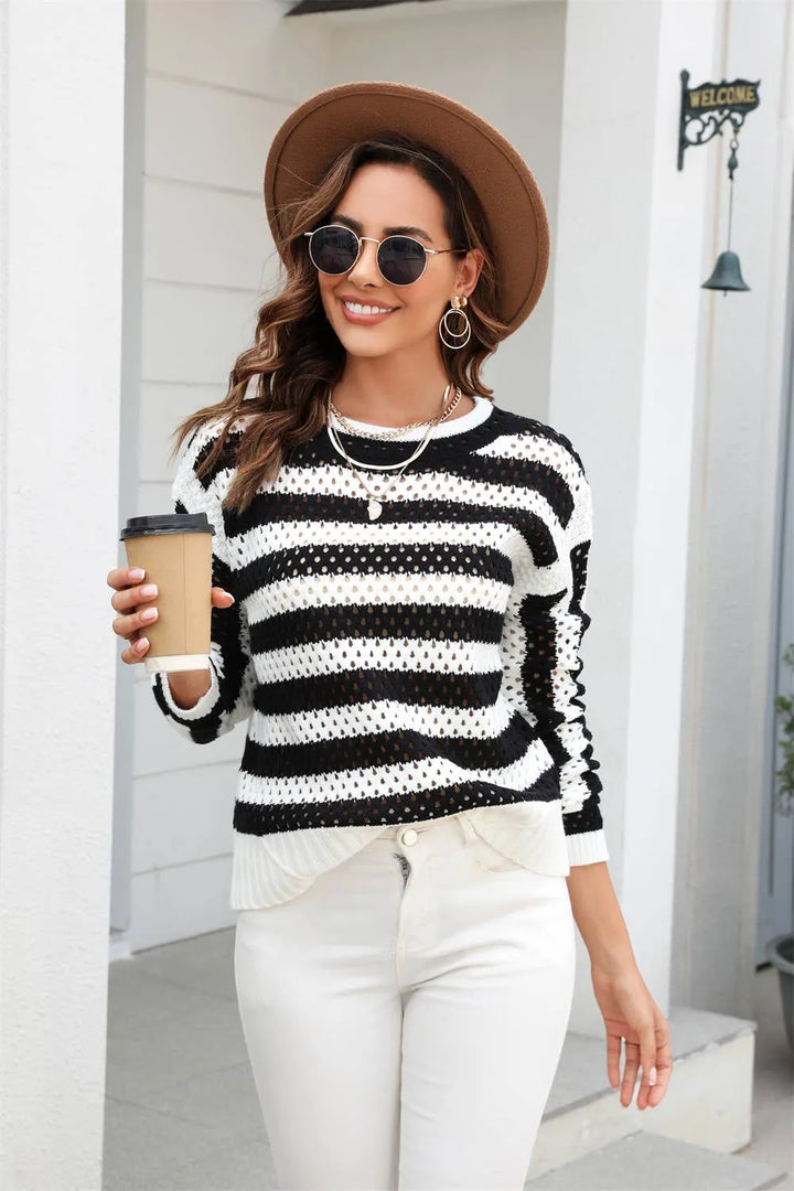 Striped Open Knit Crochet Sweater - Shop Emma's 