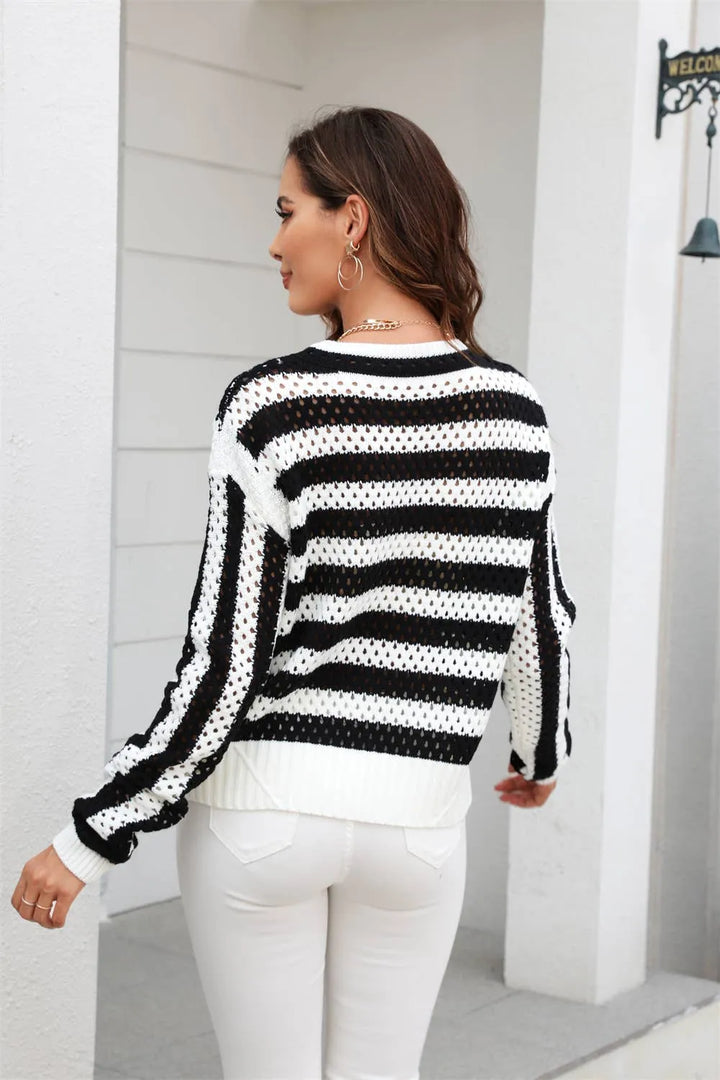 Striped Open Knit Crochet Sweater - Shop Emma's 