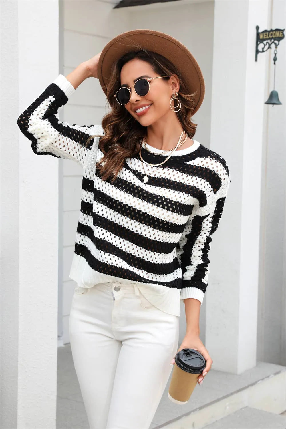 Striped Open Knit Crochet Sweater - Shop Emma's 