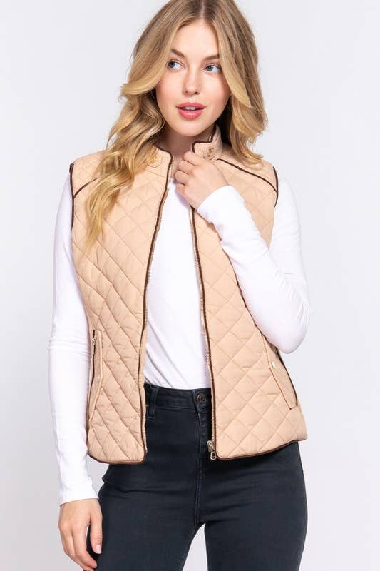 Suede Piping Detail Quilted Padding Vest - Shop Emma's 