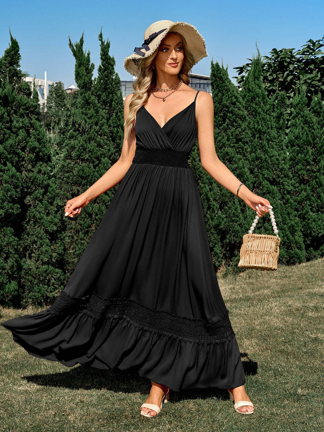 Surplice Crochet Trim Smocked Maxi Dress, Black / XL Surplice Crochet Trim Smocked Maxi Dress, Black / XL
