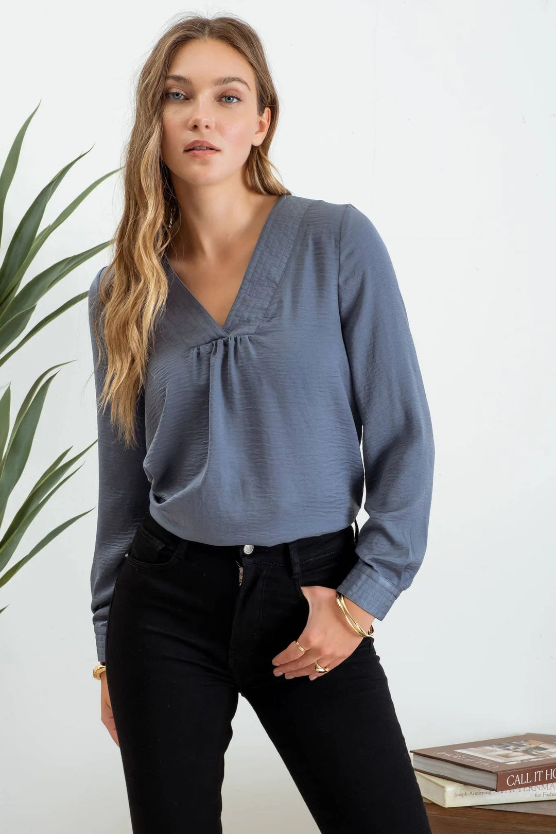 Textured Satin Long Sleeve Blouse - Shop Emma's 