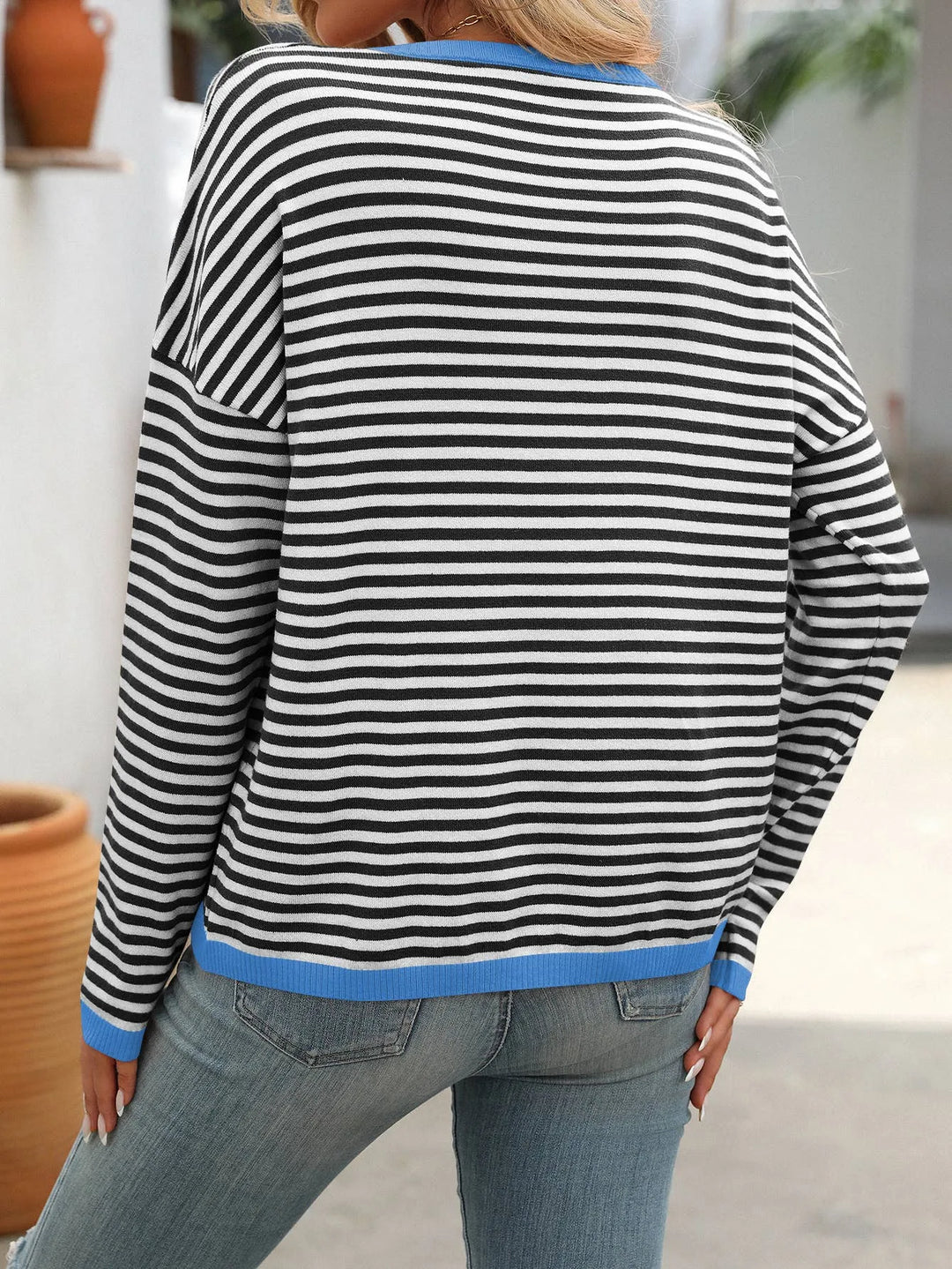 Two-Tone Striped Long Sleeve Sweater Top - Shop Emma's 