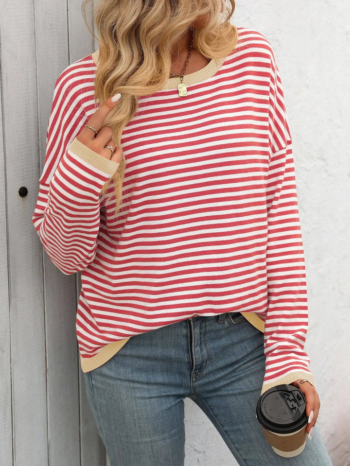 Two-Tone Striped Long Sleeve Sweater Top - Shop Emma's 