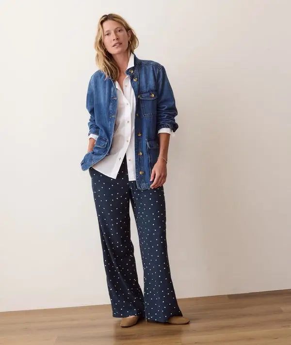 Marine Layer Lucy Drawstring Pant in Navy Polka Dot 1