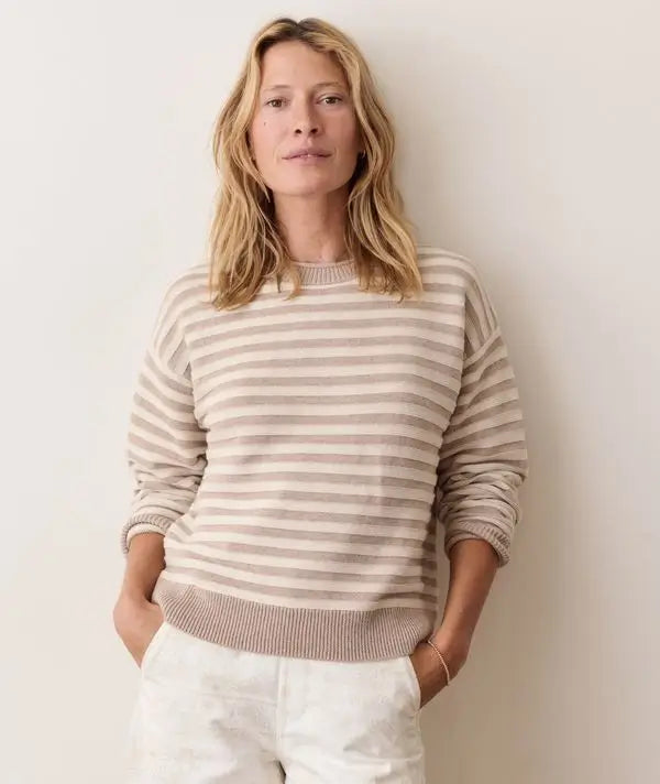 Marine Layer Suki Crewneck Sweater in Oatmeal Stripe 1