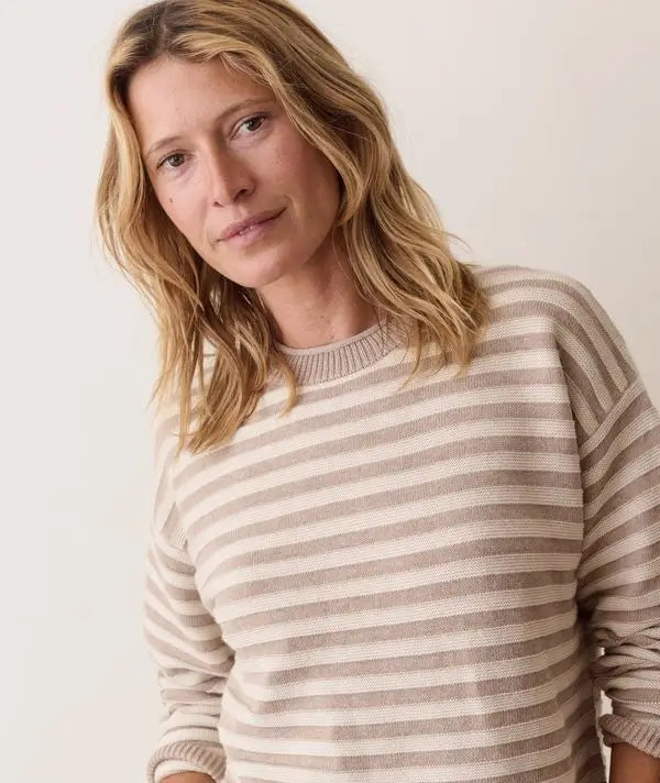Marine Layer Suki Crewneck Sweater in Oatmeal Stripe 3