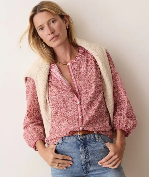 Marine Layer Vivian Button Through Blouse in Blush Floral