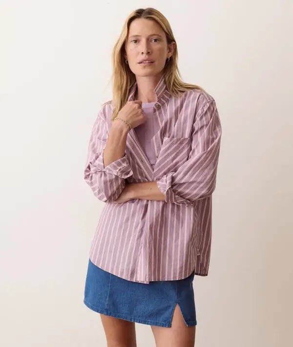 Marine Layer Jane Relaxed Shirt in Cali Poplin in Purple Stripe