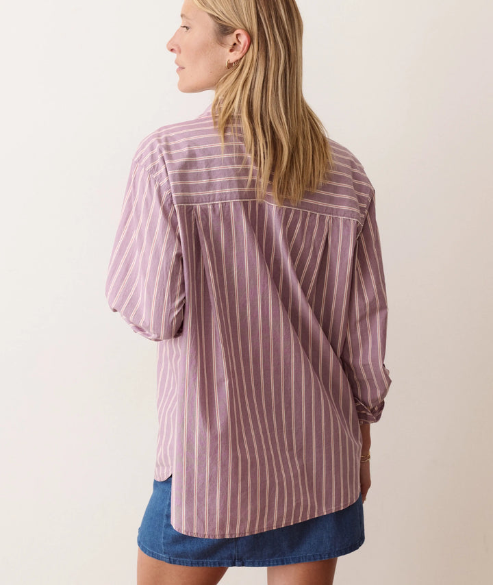 Marine Layer Jane Relaxed Shirt in Cali Poplin in Purple Stripe back