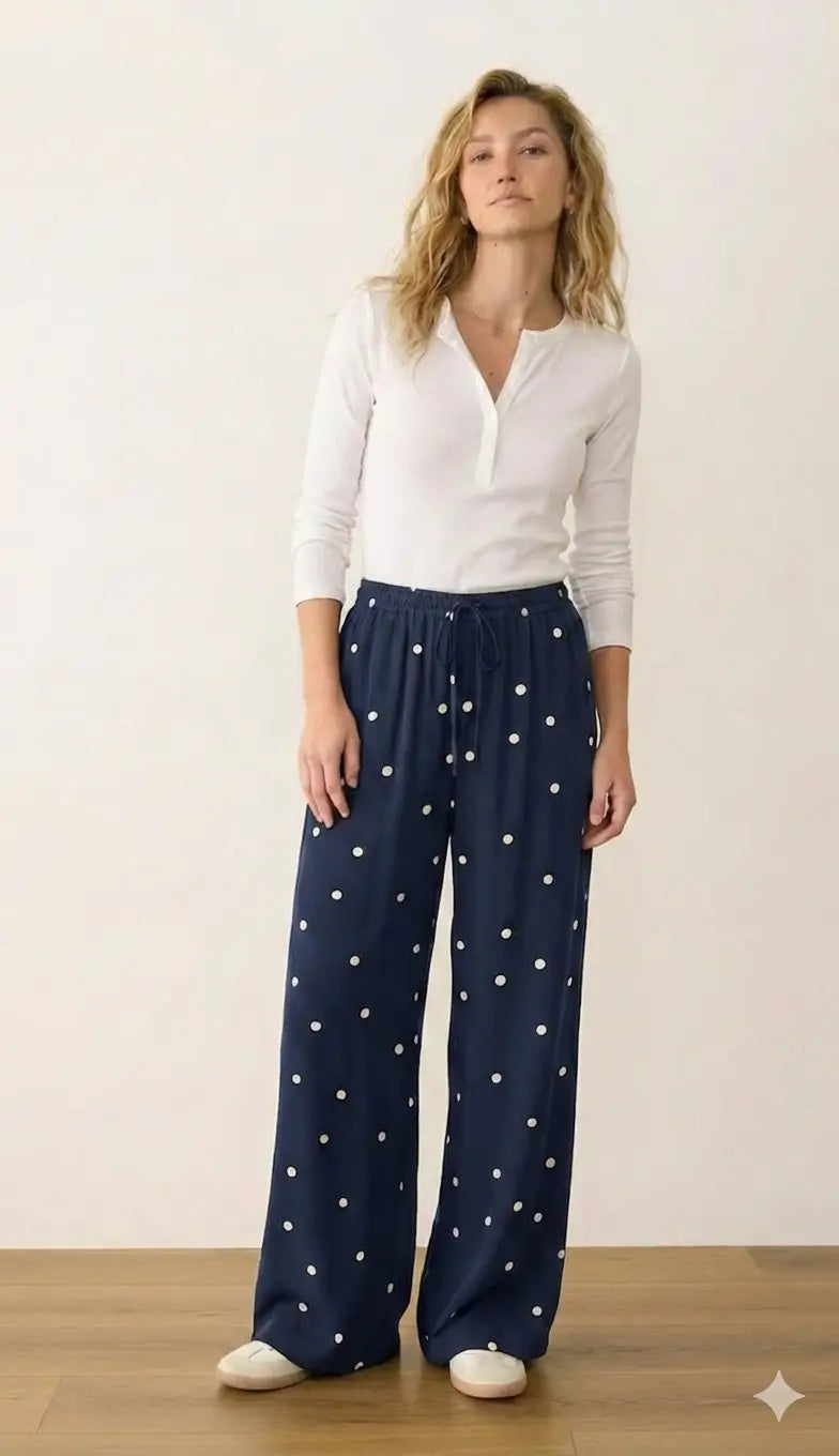 Marine Layer Lucy Drawstring Pant in Navy Polka Dot