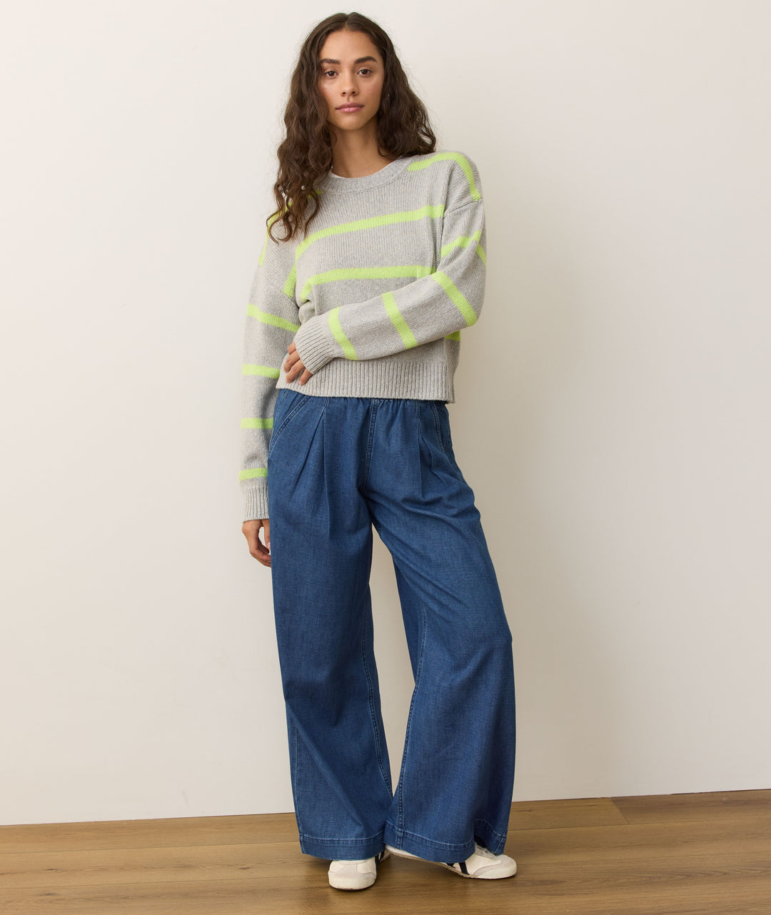 Marine Layer Berkeley Crewneck Sweater Lime Stripe 1