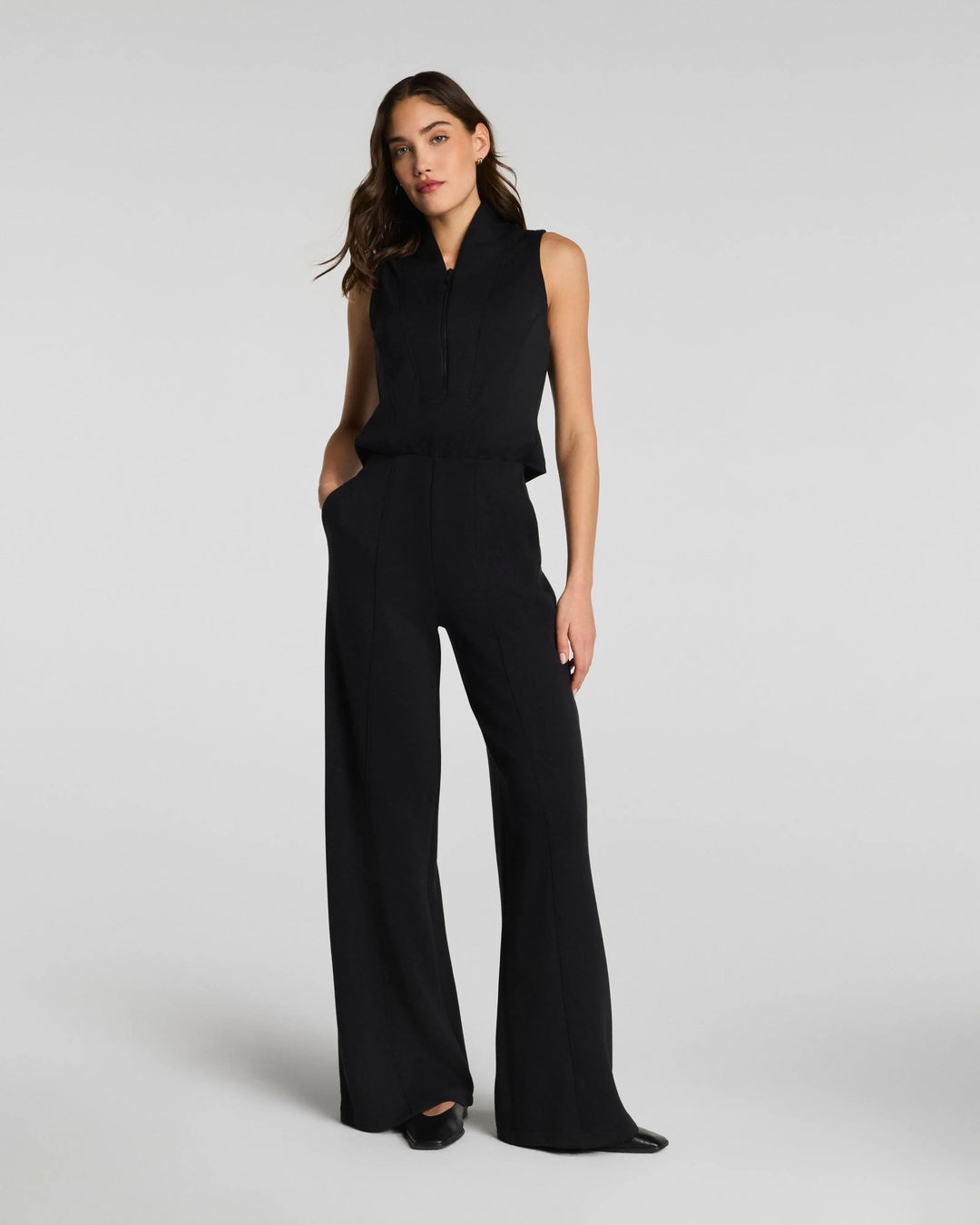 Spanx AirEssentials Shawl Collar Half Zip Jumpsuit - Very Black