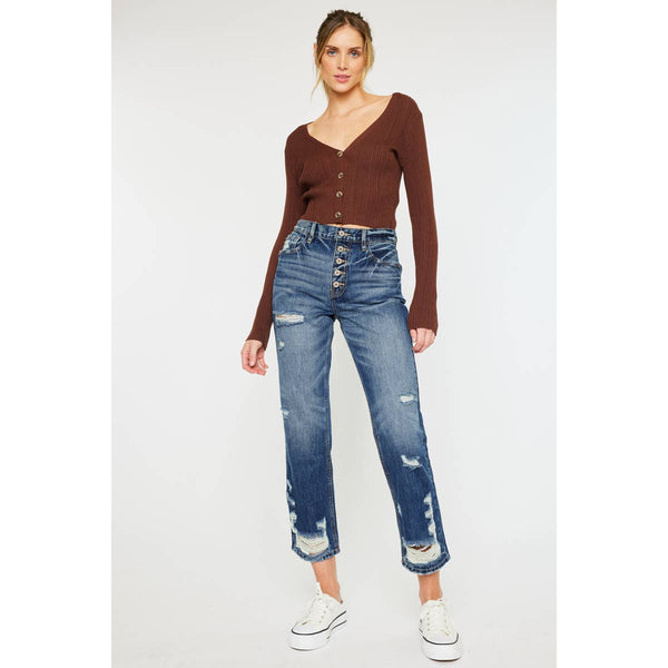 High Rise Button Straight Jeans